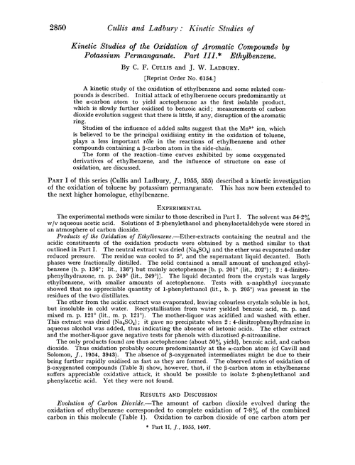 Kinetic studies of the oxidation of aromatic compounds by potassium permanganate. Part III. Ethylbenzene