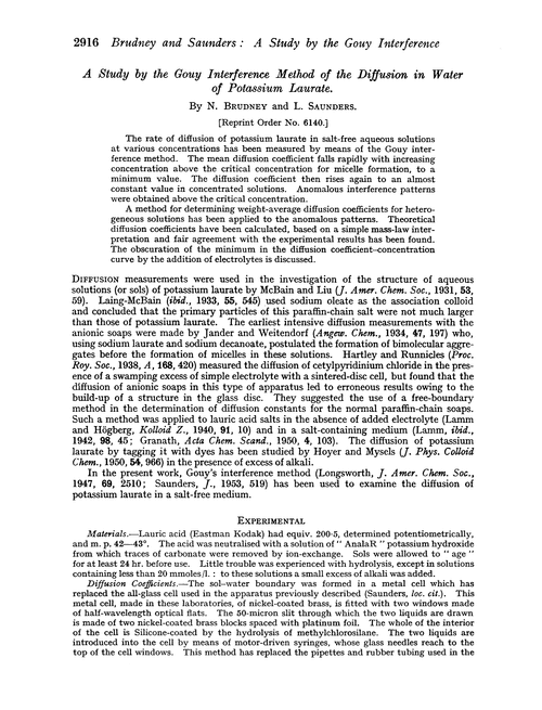 A study by the Gouy interference method of the diffusion in water of potassium laurate