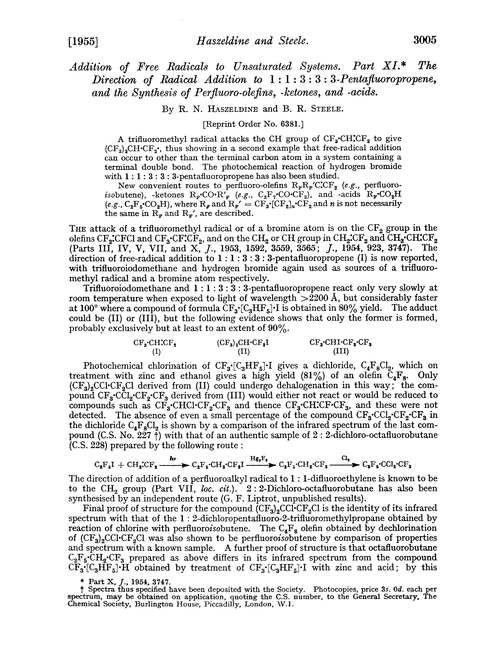 Addition of free radicals to unsaturated systems. Part XI. The direction of radical addition to 1 : 1 : 3 : 3: 3-pentafluoropropene, and the synthesis of perfluoro-olefins, -ketones, and -acids