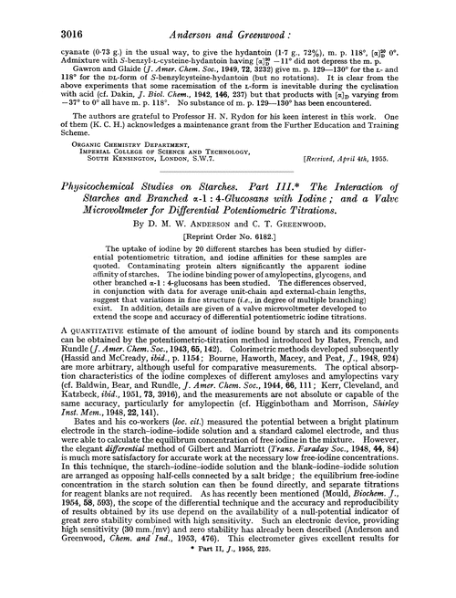 Physicochemical studies on starches. Part III. The interaction of starches and branched α-1 : 4-glucosans with iodine; and a valve microvoltmeter for differential potentiometric titrations