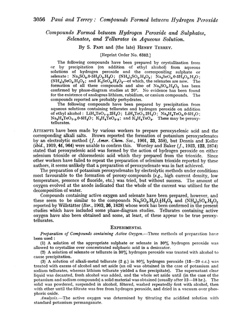 Compounds formed between hydrogen peroxide and sulphates, selenates, and tellurates in aqueous solution