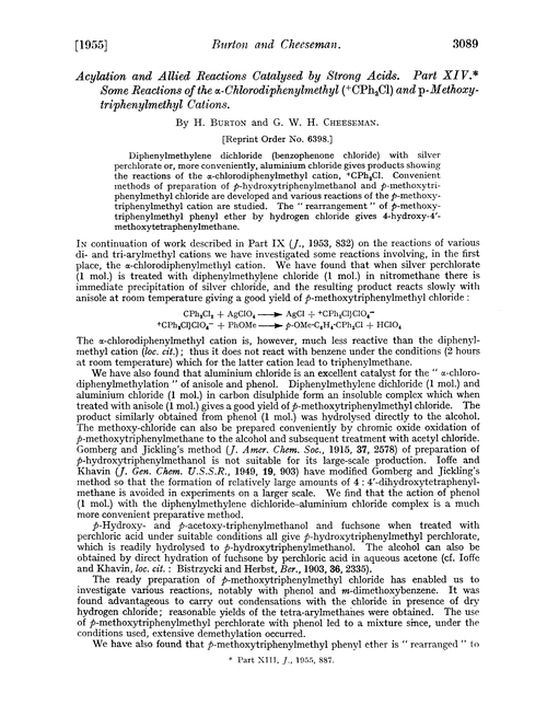 Acylation and allied reactions catalysed by strong acids. Part XIV. Some reactions of the α-chlorodiphenylmethyl(+CPhCl) and p-methoxy-triphenylmethyl cations