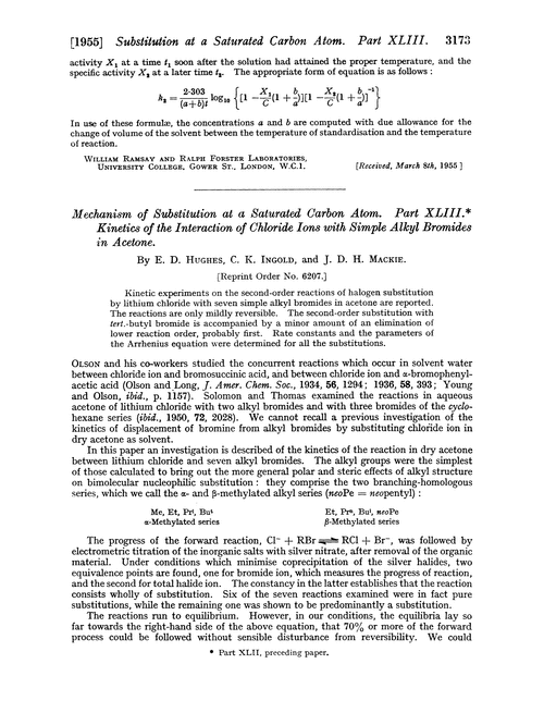 Mechanism of substitution at a saturated carbon atom. Part XLIII. Kinetics of the interaction of chloride ions with simple alkyl bromides in acetone