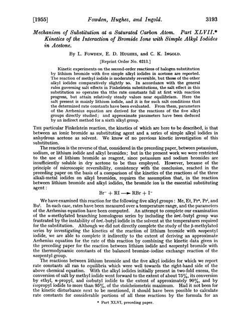 Mechanism of substitution at a saturated carbon atom. Part XLVII. Kinetics of the interaction of bromide ions with simple alkyl iodides in acetone