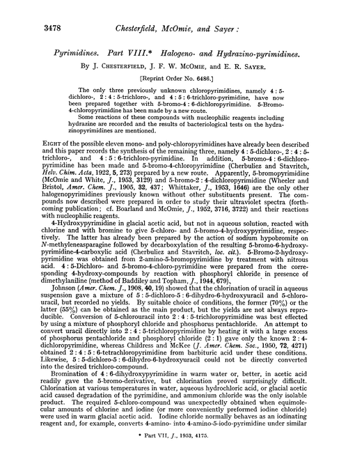 Pyrimidines. Part VIII. Halogeno- and hydrazino-pyrimidines