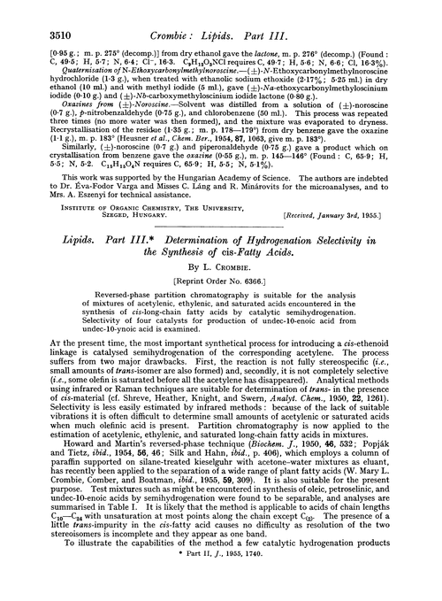 Lipids. Part III. Determination of hydrogenation selectivity in the synthesis of cis-fatty acids