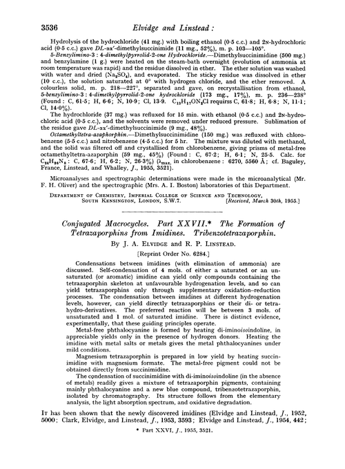 Conjugated macrocycles. Part XXVII. The formation of tetrazaporphins from imidines. Tribenzotetrazaporphin