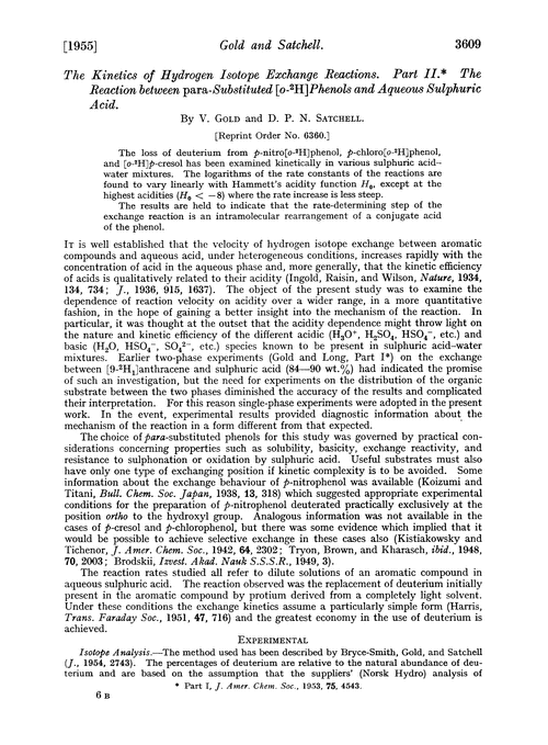 The kinetics of hydrogen isotope exchange reactions. Part II. The reaction between para-substituted[o-2H]phenols and aqueous sulphuric acid