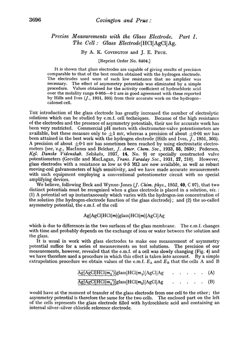 Precise measurements with the glass electrode. Part I. The cell: glass electrode|HCL|AgCl|Ag