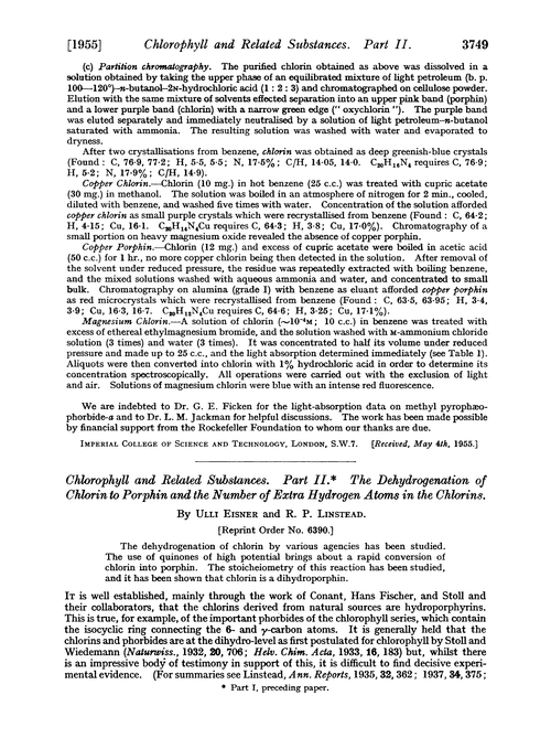 Chlorophyll and related substances. Part II. The dehydrogenation of chlorin to prophin and the number of extra hydrogen atoms in the chlorins
