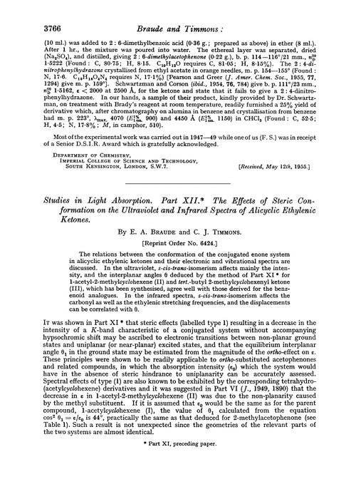 Studies in light absorption. Part XII. The effects of steric conformation on the ultraviolet and infrared spectra of alicyclic ethylenic ketones