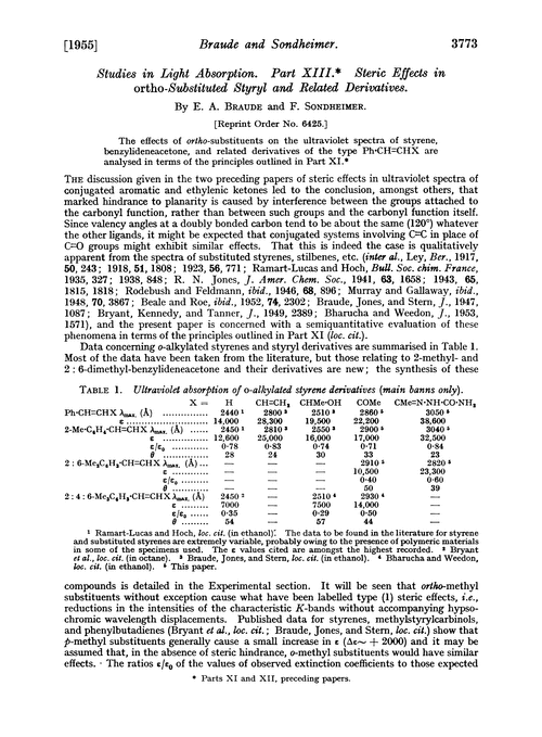 Studies in light absorption. Part XIII. Steric effects in ortho-substituted styryl and related derivatives