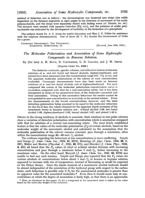 The molecular polarisation and association of some hydroxylic compounds in benzene solution