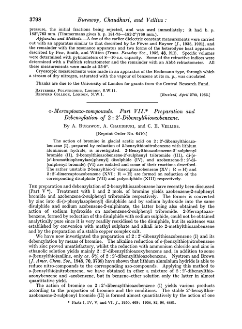 o-Mercaptoazo-compounds. Part VII. Preparation and debenzylation of 2 : 2′-dibenzylthioazobenzene