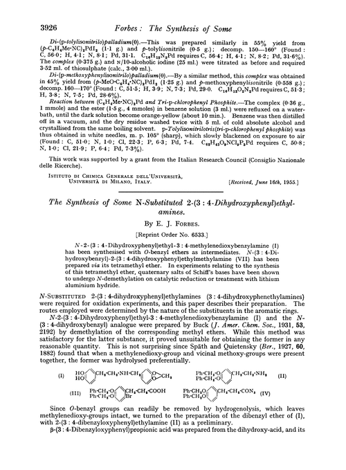 The synthesis of some N-substituted 2-(3 : 4-dihydroxyphenyl)ethylamines