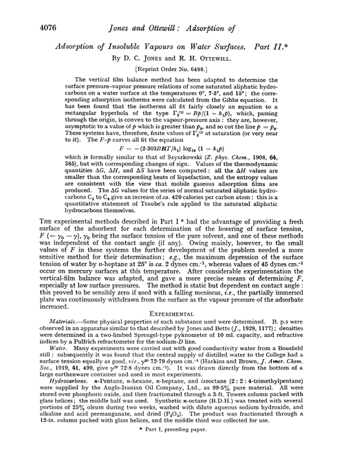 Adsorption of insoluble vapours on water surfaces. Part II