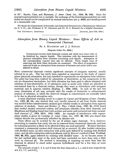 Adsorption from binary liquid mixtures: some effects of ash in commercial charcoal