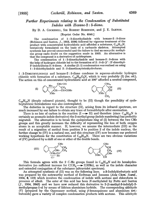 Further experiments relating to the condensation of substituted indoles with hexane-2 : 5-dione