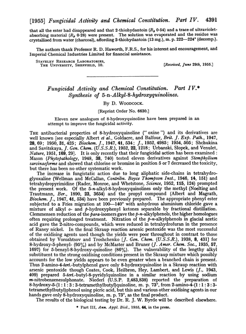 Fungicidal activity and chemical constitution. Part IV. Synthesis of 5-n-alkyl-8-hydroxyquinolines