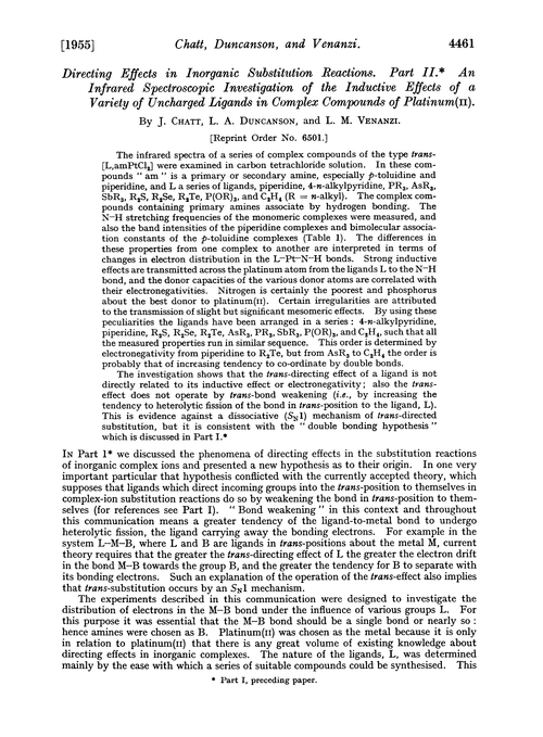 Directing effects in inorganic substitution reactions. Part II. An infrared spectroscopic investigation of the inductive effects of a variety of uncharged ligands in complex compounds of platinum(II)