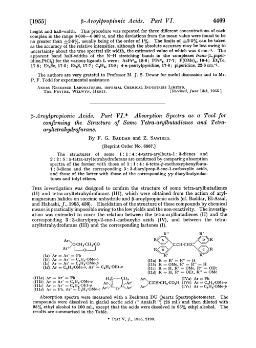 β-Aroylpropionic acids. Part VI. Absorption spectra as a tool for confirming the structure of some tetra-arylbutadienes and tetra-aryltetrahydrofurans