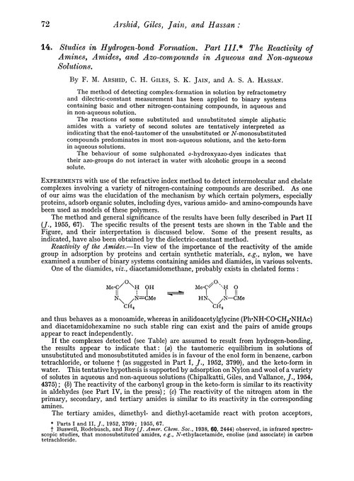 14. Studies in hydrogen-bond formation. Part III. The reactivity of amines, amides, and azo-compounds in aqueous and non-aqueous solutions