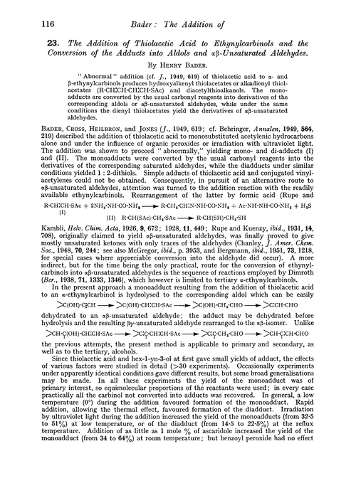 23. The addition of thiolacetic acid to ethynylcarbinols and the conversion of the adducts into aldols and αβ-unsaturated aldehydes