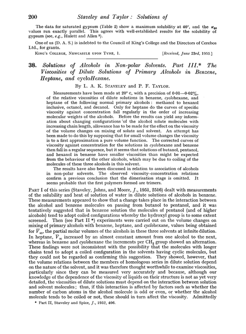 38. Solutions of alcohols in non-polar solvents. Part III. The viscosities of dilute solutions of primary alcohols in benzene, heptane, and cyclohexane