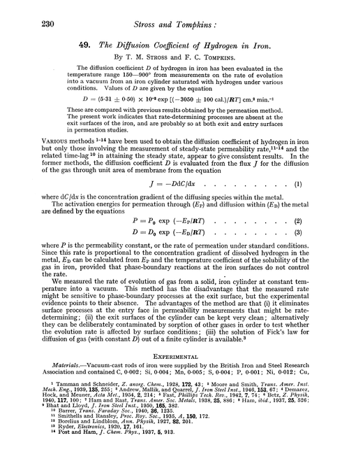 49. The diffusion coefficient of hydrogen in iron