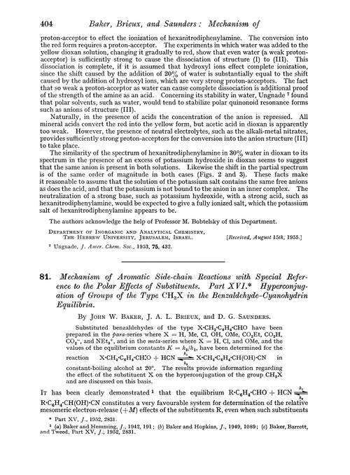 81. Mechanism of aromatic side-chain reactions with special reference to  the polar effects of substituents. Part XVI. Hyperconjugation of groups of  the type CH2X in the benzaldehyde–cyanohydrin equilibria - Journal of the
