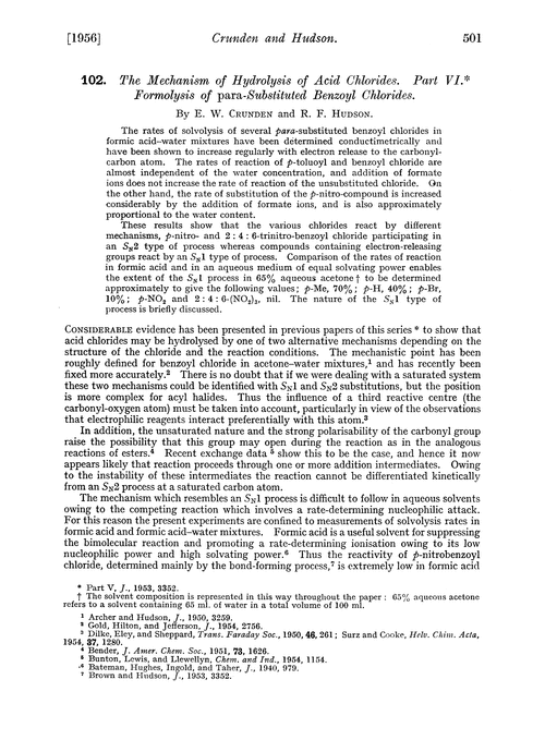 102. The mechanism of hydrolysis of acid chlorides. Part VI. Formolysis of para-substituted benzoyl chlorides
