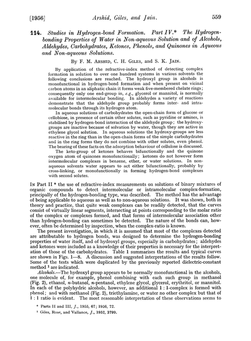 114. Studies in hydrogen-bond formation. Part IV. The hydrogen-bonding properties of water in non-aqueous solution and of alcohols, aldehydes, carbohydrates, ketones, phenols, and quinones in aqueous and non-aqueous solutions