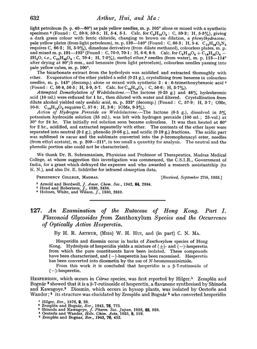 127. An examination of the rutaceae of Hong Kong. Part I. Flavonoid glycosides from Zanthoxylum species and the occurrence of optically active hesperetin