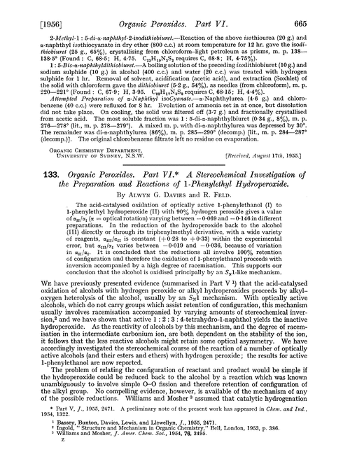 133. Organic peroxides. Part VI. A stereochemical investigation of the preparation and reactions of 1-phenylethyl hydroperoxide