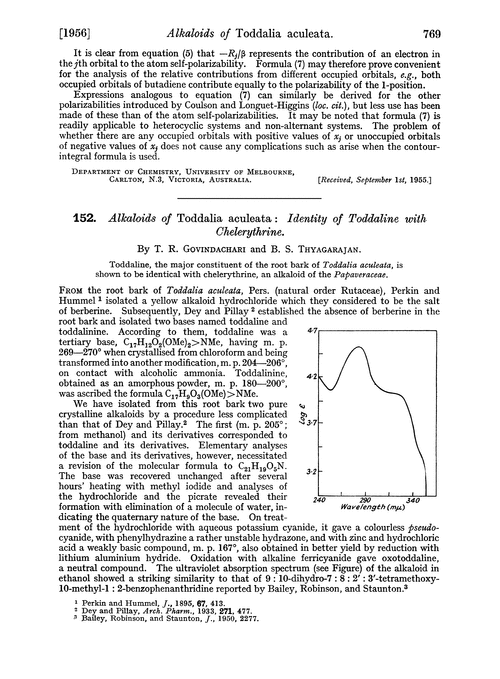 152. Alkaloids of Toddalia aculeata: identity of toddaline with chelerythrine