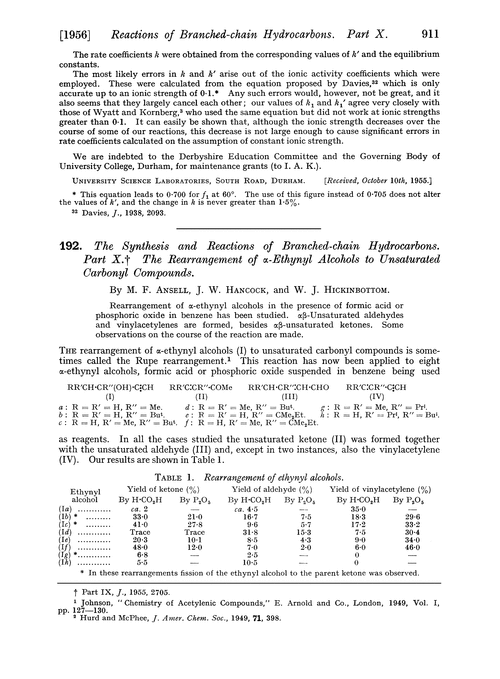 192. The synthesis and reactions of branched-chain hydrocarbons. Part X. The rearrangement of α-ethynyl alcohols to unsaturated carbonyl compounds