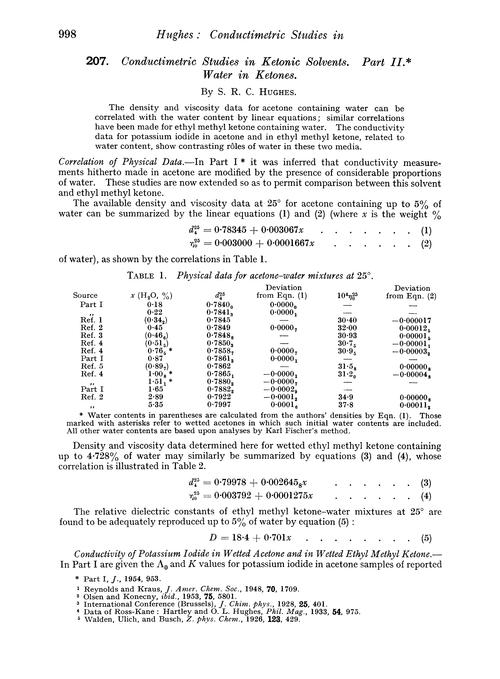 207. Conductimetric studies in ketonic solvents. Part II. Water in ketones