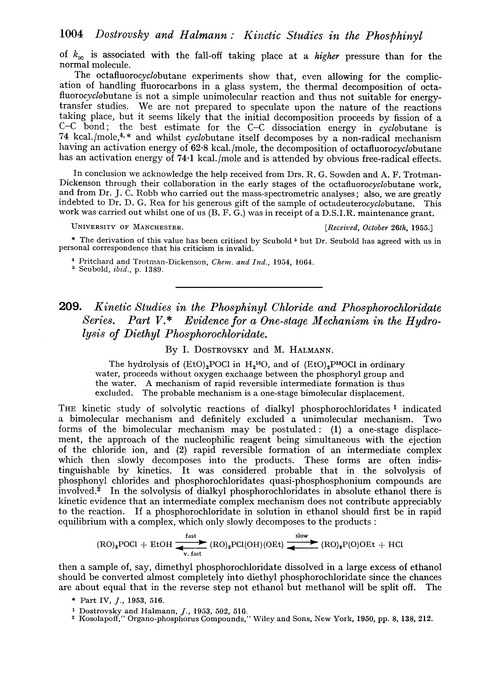 209. Kinetic studies in the phosphinyl chloride and phosphorochloridate series. Part V. Evidence for a one-stage mechanism in the hydrolysis of diethyl phosphorochloridate