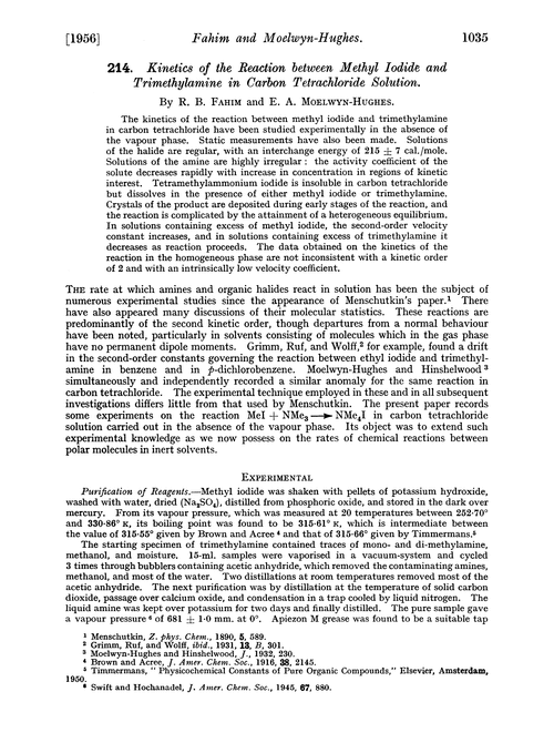 214. Kinetics of the reaction between methyl iodide and trimethylamine in carbon tetrachloride solution