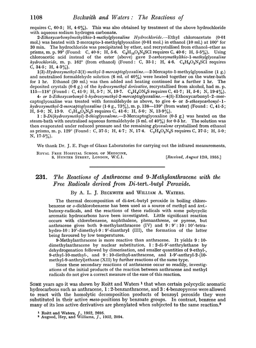 231. The reactions of anthracene and 9-methylanthracene with the free radicals derived from di-tert.-butyl peroxide