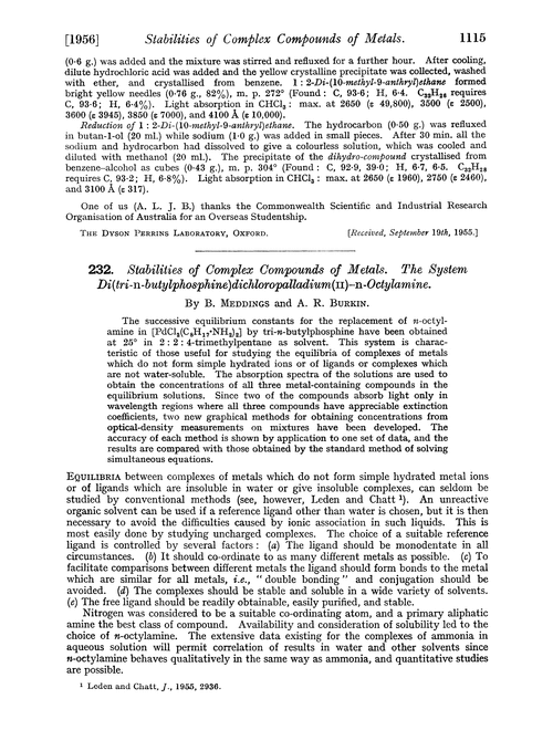 232. Stabilities of complex compounds of metals. The system di(tri-n-butylphosphine)dichloropalladium(II)–n-octylamine