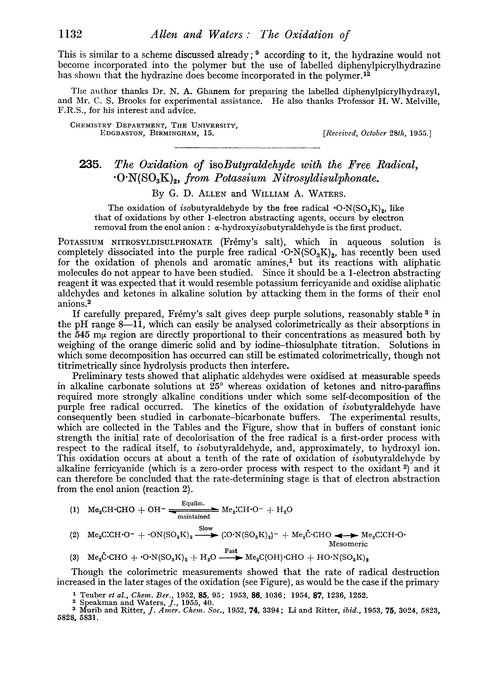 235. The oxidation of isobutyraldehyde with the free radical, ·O·N(SO3K)2, from potassium nitrosyldisulphonate