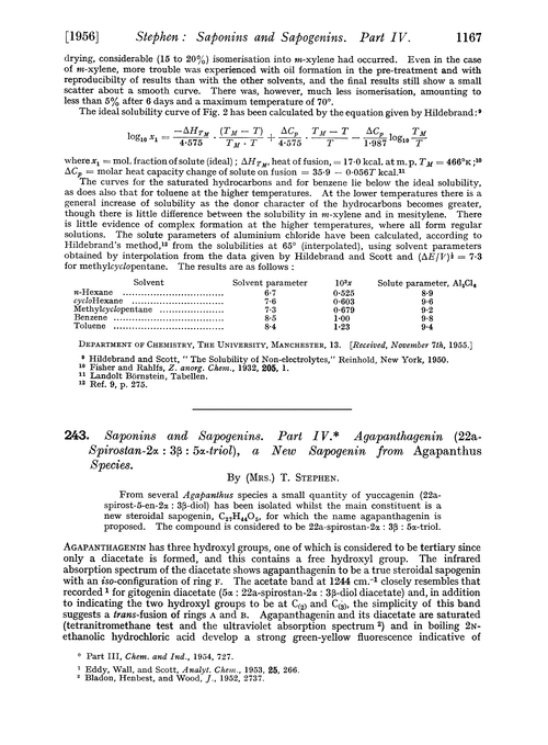 243. Saponins and sapogenins. Part IV. Agapanthagenin (22a-spirostan-2α : 3β : 5α-triol), a new sapogenin from Agapanthus species