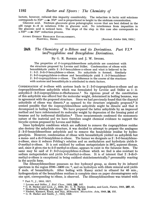 249. The chemistry of D-ribose and its derivatives. Part VI. isoPropylidene and benzylidene derivatives