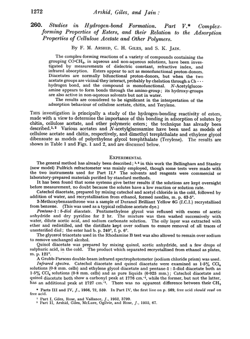 260. Studies in hydrogen-bond formation. Part V. Complex-forming properties of esters, and their relation to the adsorption properties of cellulose acetate and other polymers