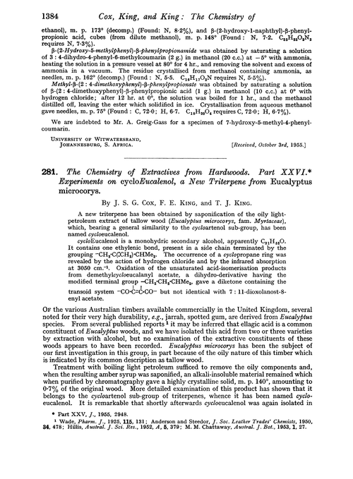 281. The chemistry of extractives from hardwoods. Part XXVI. Experiments on cycloeucalenol, a new triterpene from Eucalyptus microcorys