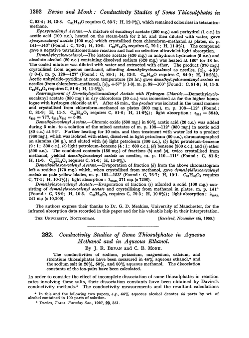 282. Conductivity studies of some thiosulphates in aqueous methanol and in aqueous ethanol