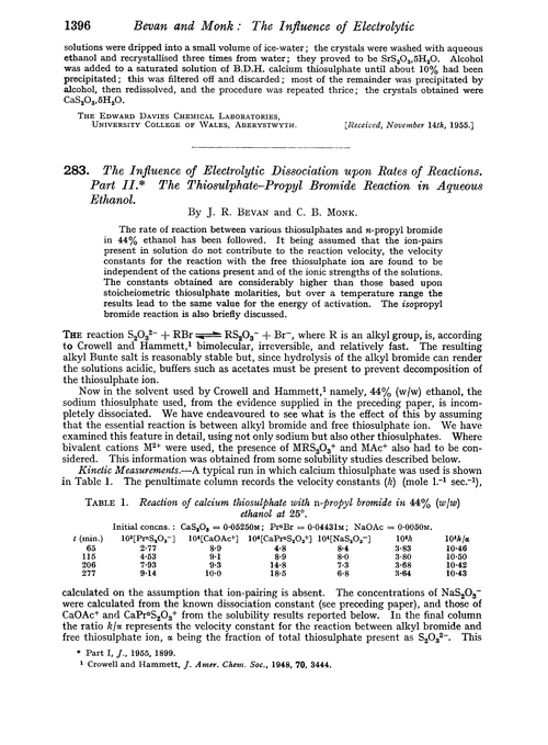 283. The influence of electrolytic dissociation upon rates of reactions. Part II. The thiosulphate–propyl bromide reaction in aqueous ethanol