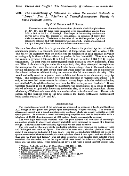 289. The conductivity of solutions in which the solvent molecule is “large”. Part I. Solutions of tetraethylammonium picrate in some phthalate esters
