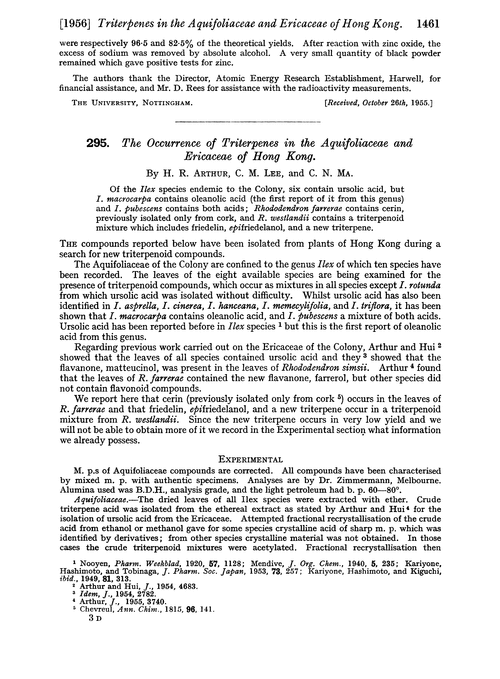 295. The occurrence of triterpenes in the aquifoliaceae and ericaceae of Hong Kong